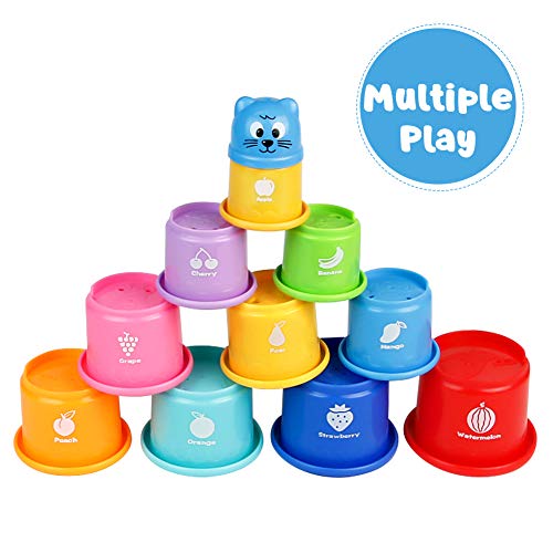 Pilego Juguetes de baño para niños – Vasos apilables flotantes juguete 10 tazas plegables arco iris educativo de playa juguete de agua para bebés y niños