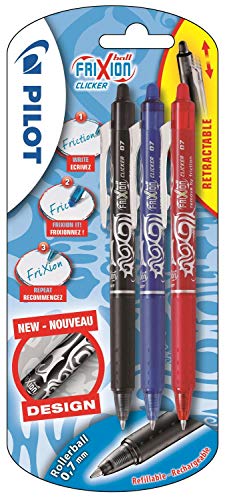 Pilot FriXion Clicker - Bolígrafo roller de gel de tinta borrable (3 unidades), color negro, rojo y azul