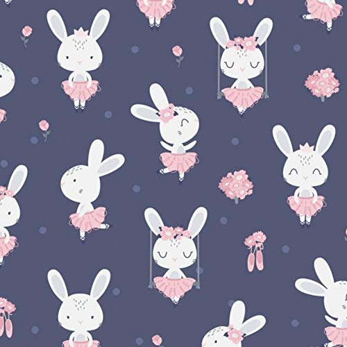 Pingianer - Tela de algodón para niños, 100 % algodón, por metros, manualidades, tela de costura, diseño de conejo, 100 x 160 cm, Conejo bailarina, color azul oscuro, 100 x 160 cm