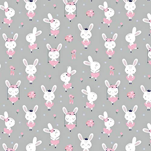 Pingianer Tela de algodón para niños, 100 x 160 cm, diseño de conejo, 100 % algodón, por metros, artesanía, tela de costura (conejo bailarina gris)