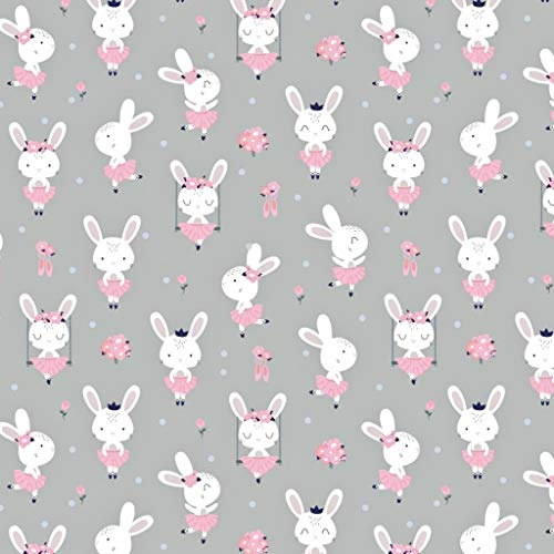 Pingianer Tela de algodón para niños, 100 x 160 cm, diseño de conejo, 100 % algodón, por metros, artesanía, tela de costura (conejo bailarina gris)