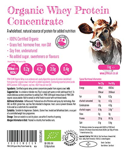 PINK SUN Concentrado de Proteína de Suero Orgánico 1kg Bio Hierba alimentada sin Hormonas Neutro sin Sabor sin Gluten sin Soja Organic Whey Protein Powder (82% protein) Grass fed Unflavoured 1000g