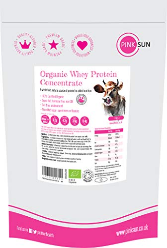 PINK SUN Concentrado de Proteína de Suero Orgánico 1kg Bio Hierba alimentada sin Hormonas Neutro sin Sabor sin Gluten sin Soja Organic Whey Protein Powder (82% protein) Grass fed Unflavoured 1000g