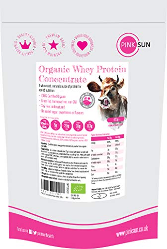 PINK SUN Concentrado de Proteína de Suero Orgánico 420g Bio Hierba alimentada sin Hormonas Neutro sin Sabor sin Gluten sin Soja Organic Whey Protein Powder (82% protein) Grass fed Unflavoured