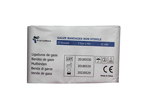 PintoMed - Venda de Gasa Non estéril - 12 rollos - 7,5cm x 4m - 17 trapos - Vendas ajustables para heridas, Venda médica de primeros auxilios