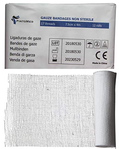 PintoMed - Venda de Gasa Non estéril - 12 rollos - 7,5cm x 4m - 17 trapos - Vendas ajustables para heridas, Venda médica de primeros auxilios