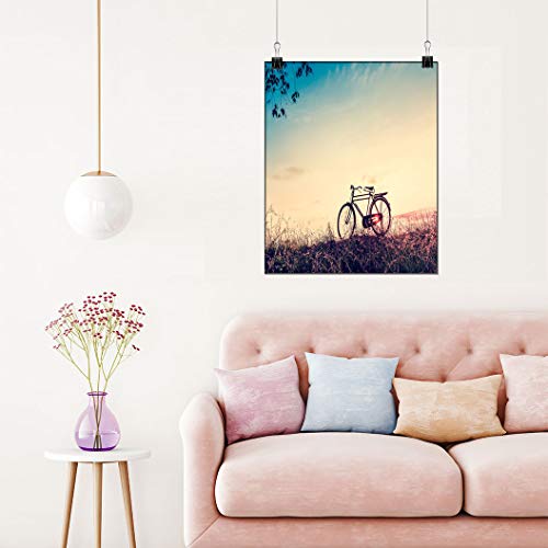 Pintura en lienzo para manualidades, hermosa imagen de paisaje con silueta de bicicleta al atardecer, en tono vintage, impresión de lienzo para colgar en la pared, 88 cm de ancho x 88 cm de largo