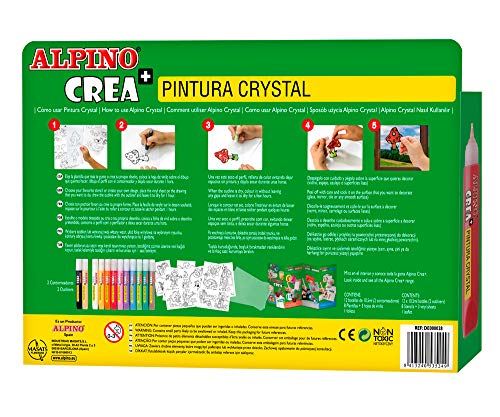 Pintura para Cristal Alpino Crea+ - Pinturas para Niños con 12 Colores - Pintura para Azulejos, Vidrio, Espejo, Ventanas - Incluye Aplicador, 8 Plantillas y 2 Vinilos