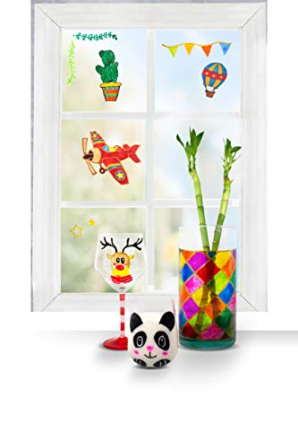 Pintura para Cristal Alpino Crea+ - Pinturas para Niños con 12 Colores - Pintura para Azulejos, Vidrio, Espejo, Ventanas - Incluye Aplicador, 8 Plantillas y 2 Vinilos