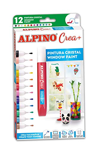 Pintura para Cristal Alpino Crea+ - Pinturas para Niños con 12 Colores - Pintura para Azulejos, Vidrio, Espejo, Ventanas - Incluye Aplicador, 8 Plantillas y 2 Vinilos