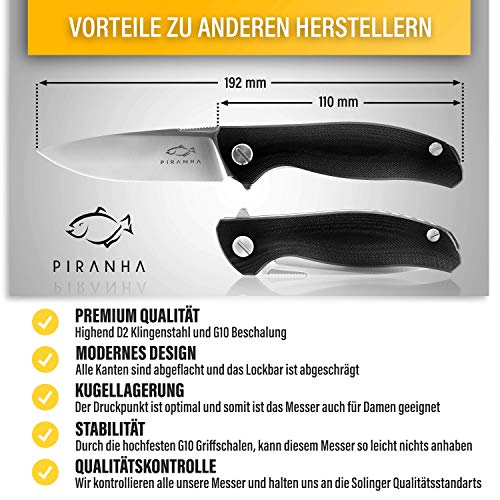 PIRANHA® Cuchillo plegable para una mano - de acero D2 - Cuchillo de Supervivencia Plata – Incluye Afilador de Navajas - Modelo: Belleza – Equipo de Supervivencia Controlada en Solingen, Germany