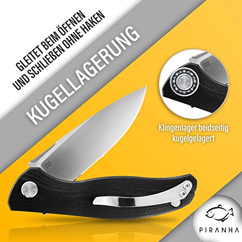 PIRANHA® Cuchillo plegable para una mano - de acero D2 - Cuchillo de Supervivencia Plata – Incluye Afilador de Navajas - Modelo: Belleza – Equipo de Supervivencia Controlada en Solingen, Germany