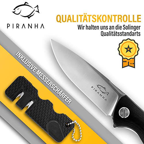 PIRANHA® Cuchillo plegable para una mano - de acero D2 - Cuchillo de Supervivencia Plata – Incluye Afilador de Navajas - Modelo: Belleza – Equipo de Supervivencia Controlada en Solingen, Germany