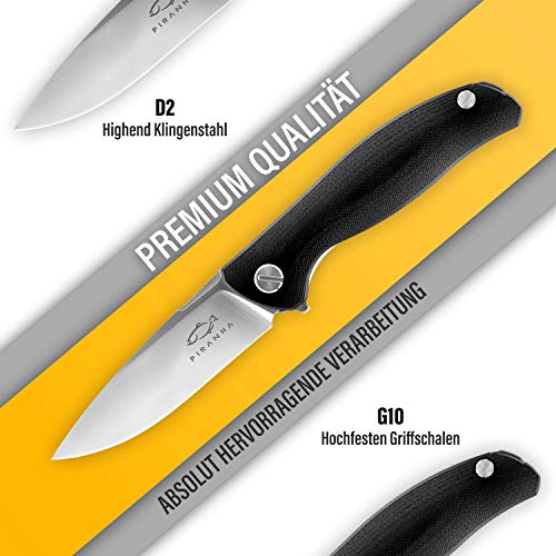 PIRANHA® Cuchillo plegable para una mano - de acero D2 - Cuchillo de Supervivencia Plata – Incluye Afilador de Navajas - Modelo: Belleza – Equipo de Supervivencia Controlada en Solingen, Germany