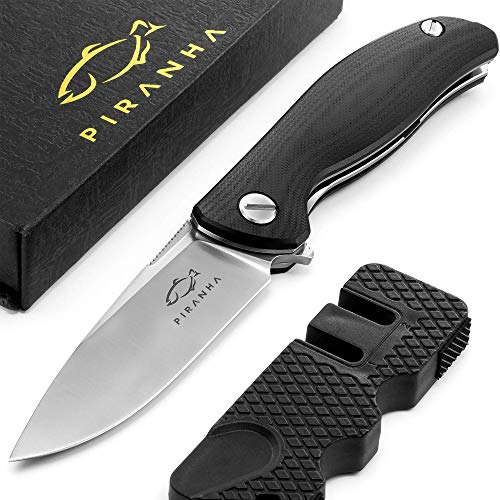 PIRANHA® Cuchillo plegable para una mano - de acero D2 - Cuchillo de Supervivencia Plata – Incluye Afilador de Navajas - Modelo: Belleza – Equipo de Supervivencia Controlada en Solingen, Germany