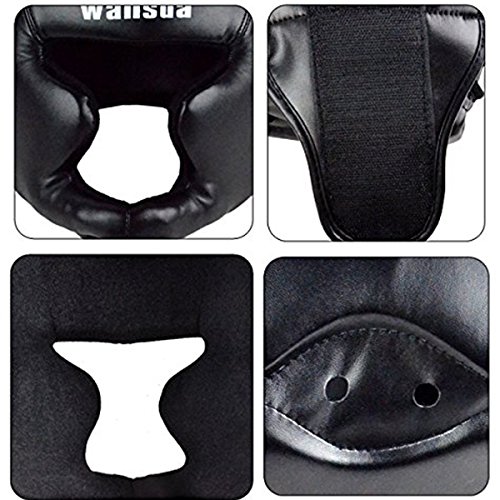 PIXNOR Cabeza de Boxeo de Cuero Boxeo Casco Cerrado Tipo Protector Sparring Casco Muay Thai Taekwondo Combate Gratis Protector (Negro)