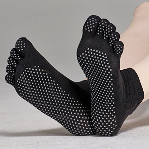 Pixnor Calcetines de yoga y Yoga juegos de guantes con puntos de silicona (negro)
