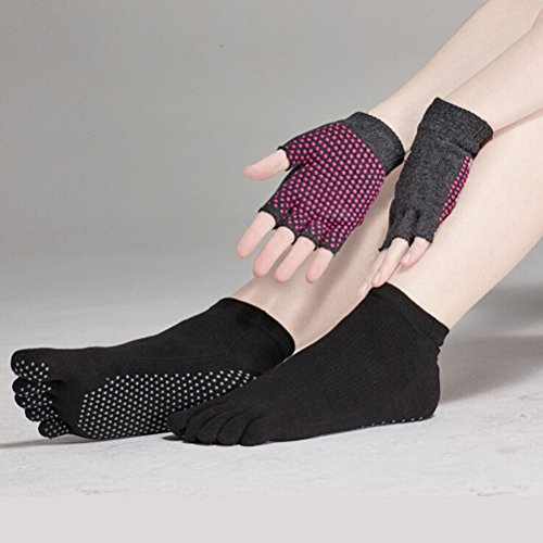 Pixnor Calcetines de yoga y Yoga juegos de guantes con puntos de silicona (negro)