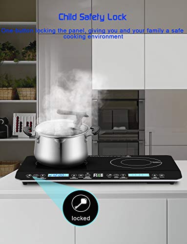 Placa Inducción de 2 Placas, Control Táctil de Cocina de Inducción, Superficie de Cristal, Control Táctil, 10 niveles de Potencia, 3-hourTemporizador, para Sartenes hasta 12-26cm, 3500 W