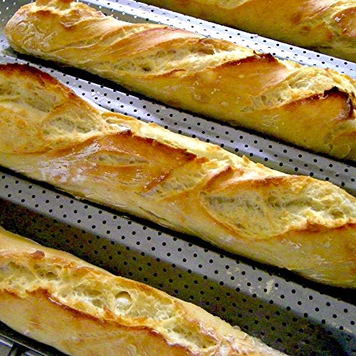 Placa molde perforada y antiadherente para hacer barras de pan al horno, con diseño reversible para galletas y tejas de almendra, acero, 4 baguettes