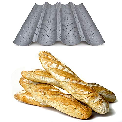 Placa molde perforada y antiadherente para hacer barras de pan al horno, con diseño reversible para galletas y tejas de almendra, acero, 4 baguettes
