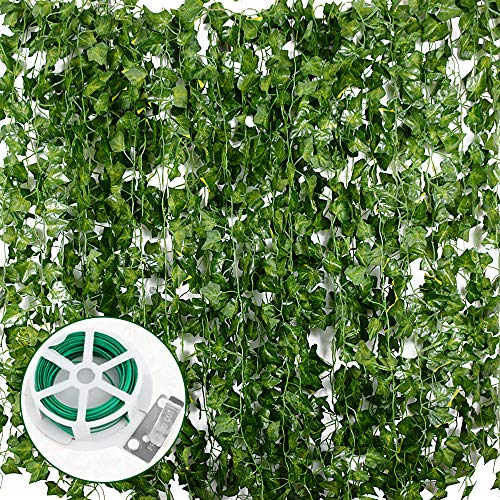 Plantas Hiedra Artificial (24pcsx2m) Hiedra Hojas de Vid Artificial Enredadera Guirnalda Decorativa Decoración Hogar Escalera Ventana Balcón Valla Jardín Boda Interior Exterior, 20m Lazo de Torcedura