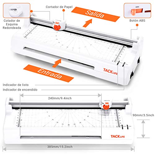 Plastificadora 5 en 1, TACKLIFE Laminador A4 A5 A7 en Frío y Caliente, 20 Bolsas de Laminado, Redondear de Esquina, Cortador de Papel, Función ABS, Máquina de Laminación para Casa/Oficina/Escula MTL02