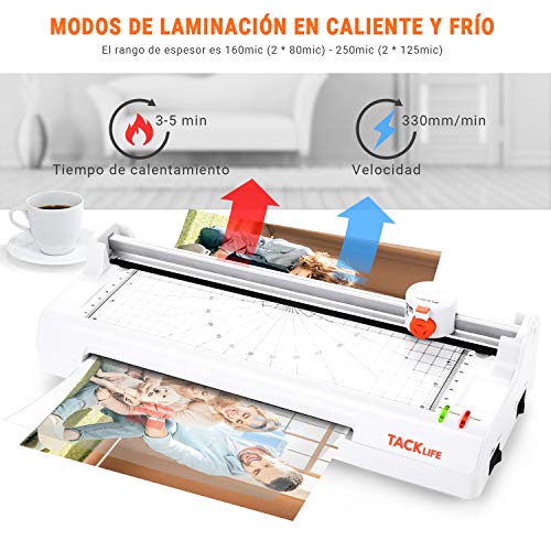 Plastificadora 5 en 1, TACKLIFE Laminador A4 A5 A7 en Frío y Caliente, 20 Bolsas de Laminado, Redondear de Esquina, Cortador de Papel, Función ABS, Máquina de Laminación para Casa/Oficina/Escula MTL02