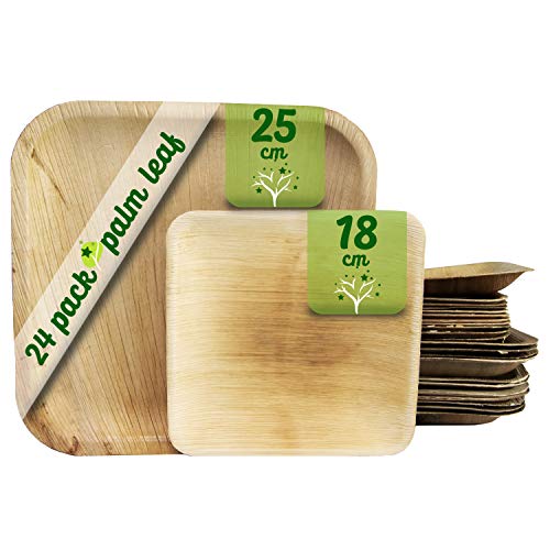 Platos desechables de hoja de palma 24 Piezas, 12 Platos cuadrados de 25 cm y 12 Platos de 18 cm. vajilla rustica de madera para barbacoas y fiesta de cumpleaños. Biodegradable libre de plástico.