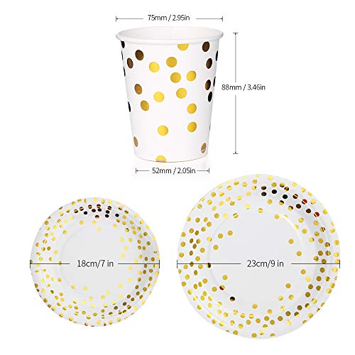 Platos Desechables y Vasos Cumpleaños, Juego de 180 Piezas Vasos de Carton y Plates con Patrón Dorado - 60 Vasos de Papel 270ml - 60 Platos de Postre 7"- 60 Platos Grandes 9"