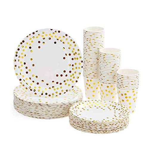Platos Desechables y Vasos Cumpleaños, Juego de 180 Piezas Vasos de Carton y Plates con Patrón Dorado - 60 Vasos de Papel 270ml - 60 Platos de Postre 7"- 60 Platos Grandes 9" Platos Desechables y Vasos Cumpleaños, Juego de 180 Piezas Vasos de Carton y Plates con Patrón Dorado - 60 Vasos de Papel 270ml - 60 Platos de Postre 7"- 60 Platos Grandes 9"