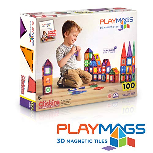 Playmags 100 piezas Super Set - Con los Imanes más Fuertes Garantizados, Robustos y Súper Duraderos con Colores Vívidos y Claros. Accesorios Clickins de 18 Piezas para Mejorar tu Creatividad