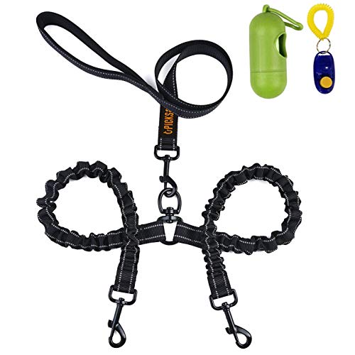 Plomo doble para perros,correa para perro doble Reflexivo Bungee absorbe impactos 360°Sin enredo para dos perros para caminar/entrenamiento con extra adiestrador de perros y bolsa de basura y colector