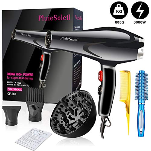 PluieSolei Secador Pelo Profesional Iónico con Difusor,Secadores Pelo Profesionales Ionicos Peluqueria,Secador de Pelo Profesional Cabello Rizado Ionico(3000W)