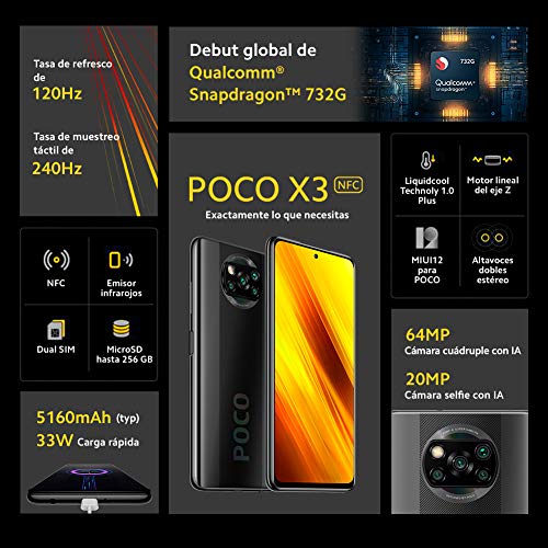 POCO X3 NFC - Smartphone 6+128GB, 6,67” FHD+ cámara frontal con Punch-hole, Snapdragon 732G, 64 MP con IA, Quad-cámara, 5160 mAh, color Gris Sombra (Versión Española + 2 años de garantía)