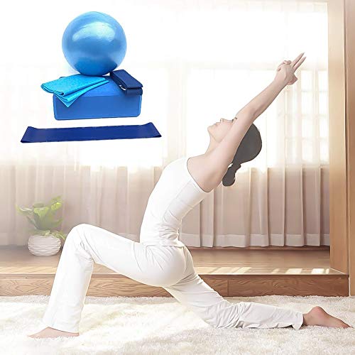 Podazz Kit de iniciación de yoga 5 piezas con pelota de yoga, bloques de yoga, correa de estiramiento, banda de resistencia, cinturón de yoga, pilates, equipo de fitness para ejercicio en casa (azul)