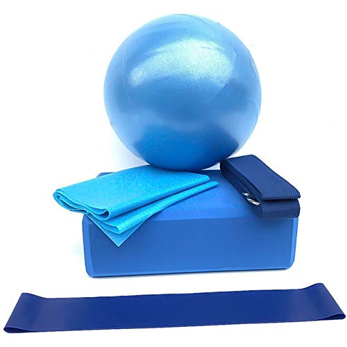 Podazz Kit de iniciación de yoga 5 piezas con pelota de yoga, bloques de yoga, correa de estiramiento, banda de resistencia, cinturón de yoga, pilates, equipo de fitness para ejercicio en casa (azul)
