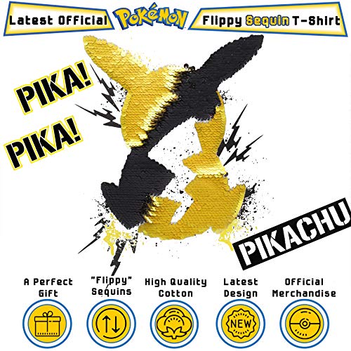 Pokèmon Camiseta Lentejuelas Reversibles para Niños | Top De Algodón Gris De Pikachu En Lentejuelas Negras Y Doradas | Idea Regalo Niños Y Adolescentes (13/14 años)