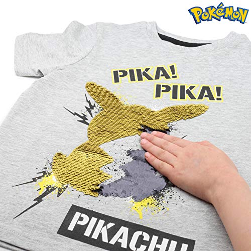 Pokèmon Camiseta Lentejuelas Reversibles para Niños | Top De Algodón Gris De Pikachu En Lentejuelas Negras Y Doradas | Idea Regalo Niños Y Adolescentes (13/14 años)