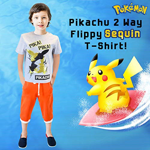 Pokèmon Camiseta Lentejuelas Reversibles para Niños | Top De Algodón Gris De Pikachu En Lentejuelas Negras Y Doradas | Idea Regalo Niños Y Adolescentes (13/14 años)