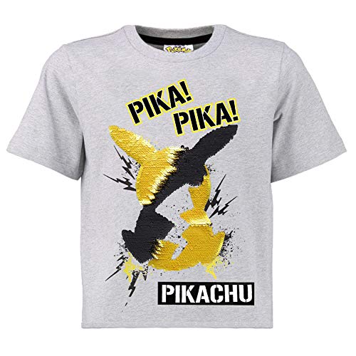 Pokèmon Camiseta Lentejuelas Reversibles para Niños | Top De Algodón Gris De Pikachu En Lentejuelas Negras Y Doradas | Idea Regalo Niños Y Adolescentes (13/14 años)