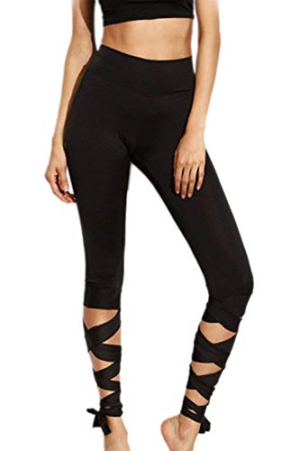 Polainas De Las Mujeres Deporte Estilo Fiesta Lace Ballet Up Yoga Pantalones Sólidos Gimnasio Color Sólido Pantalones De Chándal Elásticos Pantalones (Color : Negro, Size : S)