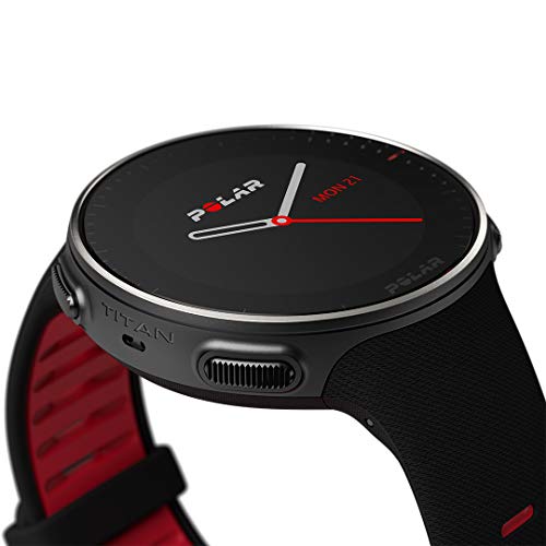 Polar Vantage V Titan - Reloj Premium con GPS y Frecuencia Cardíaca. Caja de Titanio. Multideporte y perfil de triatlón - Potencia de running, batería ultra larga, resistente al agua. Negro/Rojo