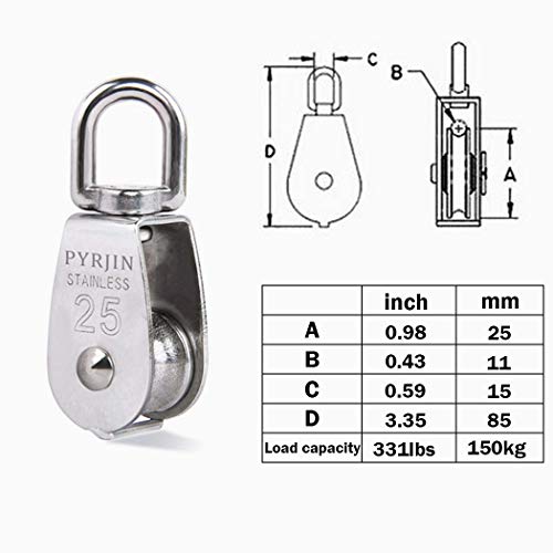 Polea 25mm Soltero Bloquear, M25 Creatiees 304 Inoxidable Acero Polea Rodillo Cargando 331lbs/150kg, 2 Piezas