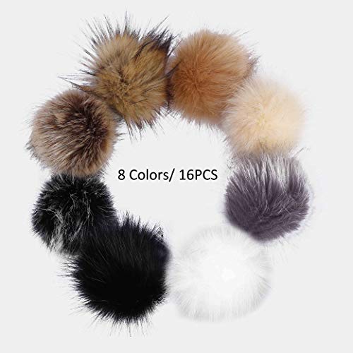 Pompón de Piel Sintética Bola Grandes 16 Piezas para Llaveros Bolsos, Accesorios Desmontables Tejer Sombrero de Lana de Punto Gorro de Invierno 10cm/ 8 Colores