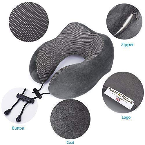 PON Almohada de Viaje Viscoelástica de Espuma de Memoria con Funda Lavable y Bolsa de Viaje Suave para el Cuello Soporte Cervical Ideal para el Uso del Avión y el Hogar (Gris)