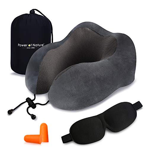 PON Almohada de Viaje Viscoelástica de Espuma de Memoria con Funda Lavable y Bolsa de Viaje Suave para el Cuello Soporte Cervical Ideal para el Uso del Avión y el Hogar (Gris)