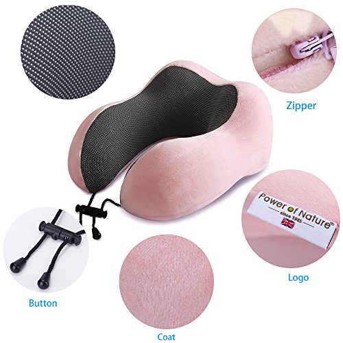 PON Almohada de Viaje Viscoelástica de Espuma de Memoria con Funda Lavable y Bolsa de Viaje Suave para el Cuello Soporte Cervical Ideal para el Uso del Avión y el Hogar (Rosa)