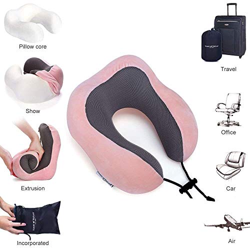 PON Almohada de Viaje Viscoelástica de Espuma de Memoria con Funda Lavable y Bolsa de Viaje Suave para el Cuello Soporte Cervical Ideal para el Uso del Avión y el Hogar (Rosa)