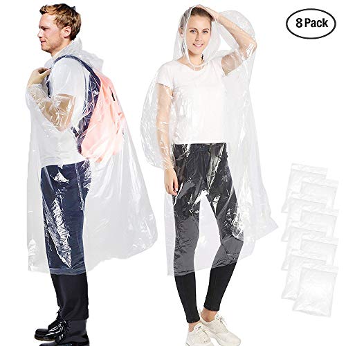 Poncho de Lluvia,Desechable Chubasquero con Capuchas y Mangas,No Hay Olor a Plástico para Hombre o Mujer,para Viajes,Picnic,Deportes,Senderismo Ciclismo y el Camino de Santiago.(8 Pack)